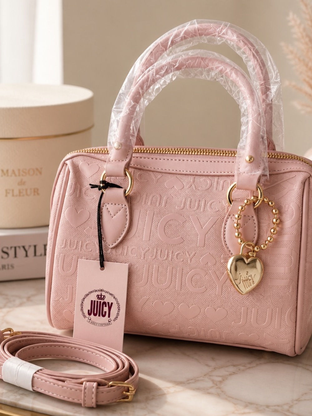 Juicy Couture Blush Pink Embossed Satchel Handbag with Gold Heart Charm